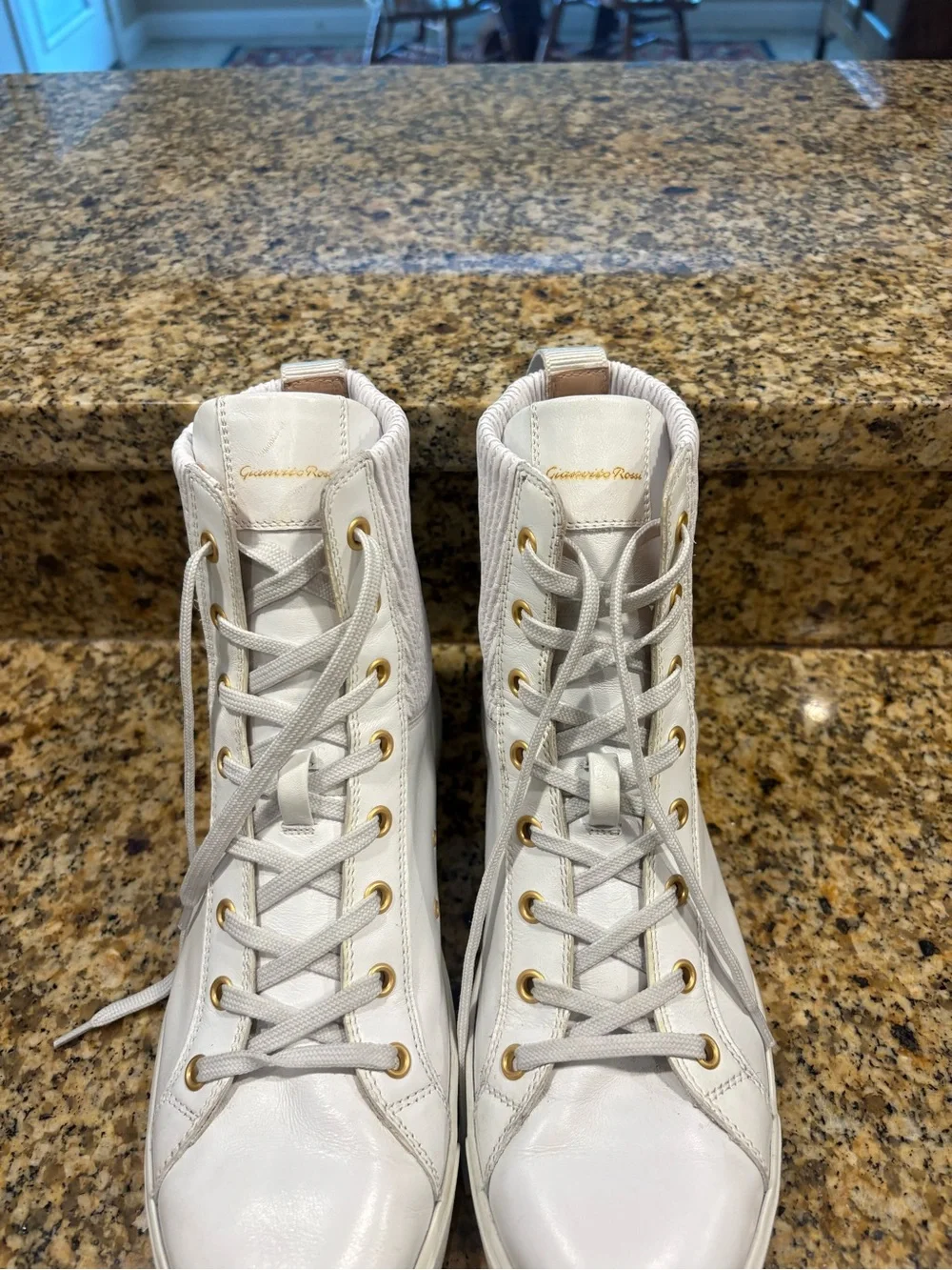 Gianvito Rossi White Leather Knit-Panelled High-Top Sneakers Size 38 US 8